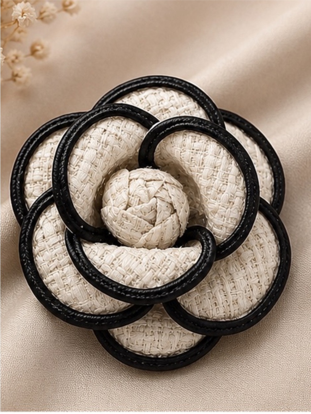 Fabric Woven Camellia Flower Brooch in Cream and Black